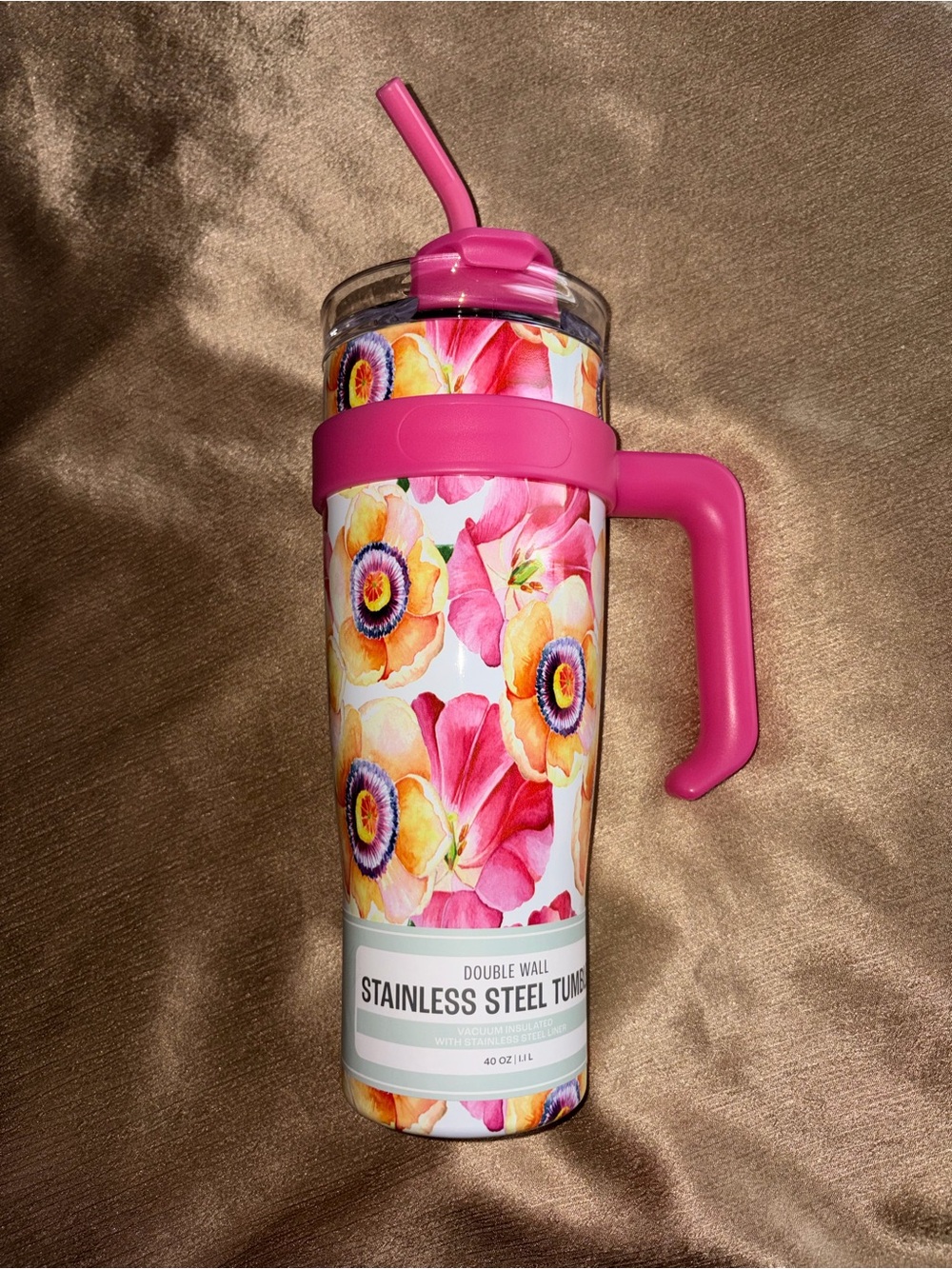 Floral Pink Stainless Steel Tumbler with Handle and Straw